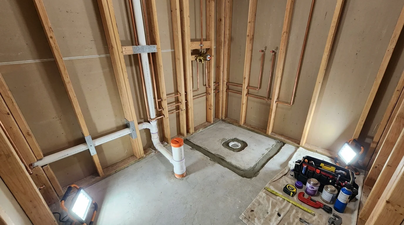 Bathroom rough-in plumbing during remodel by Johns Plumbing LLC in Cripple Creek