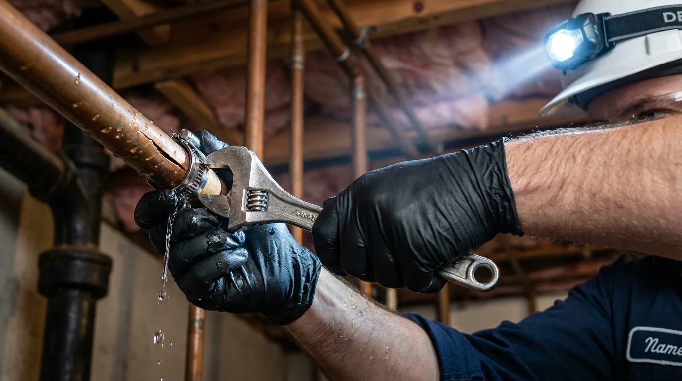 Emergency pipe clamp repair being performed by a Johns Plumbing LLC plumber in Cripple Creek