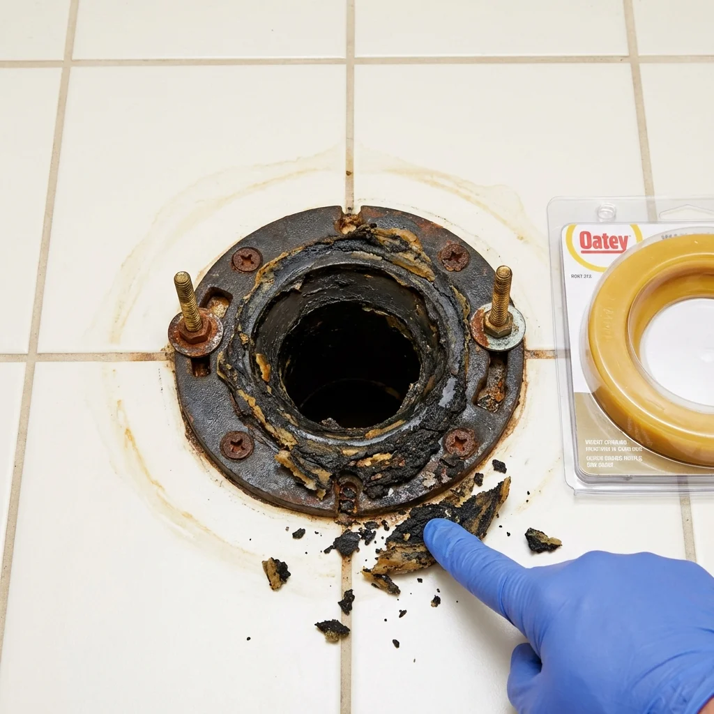 Failed wax ring showing water seepage at the base of a toilet in a Cripple Creek, CO home