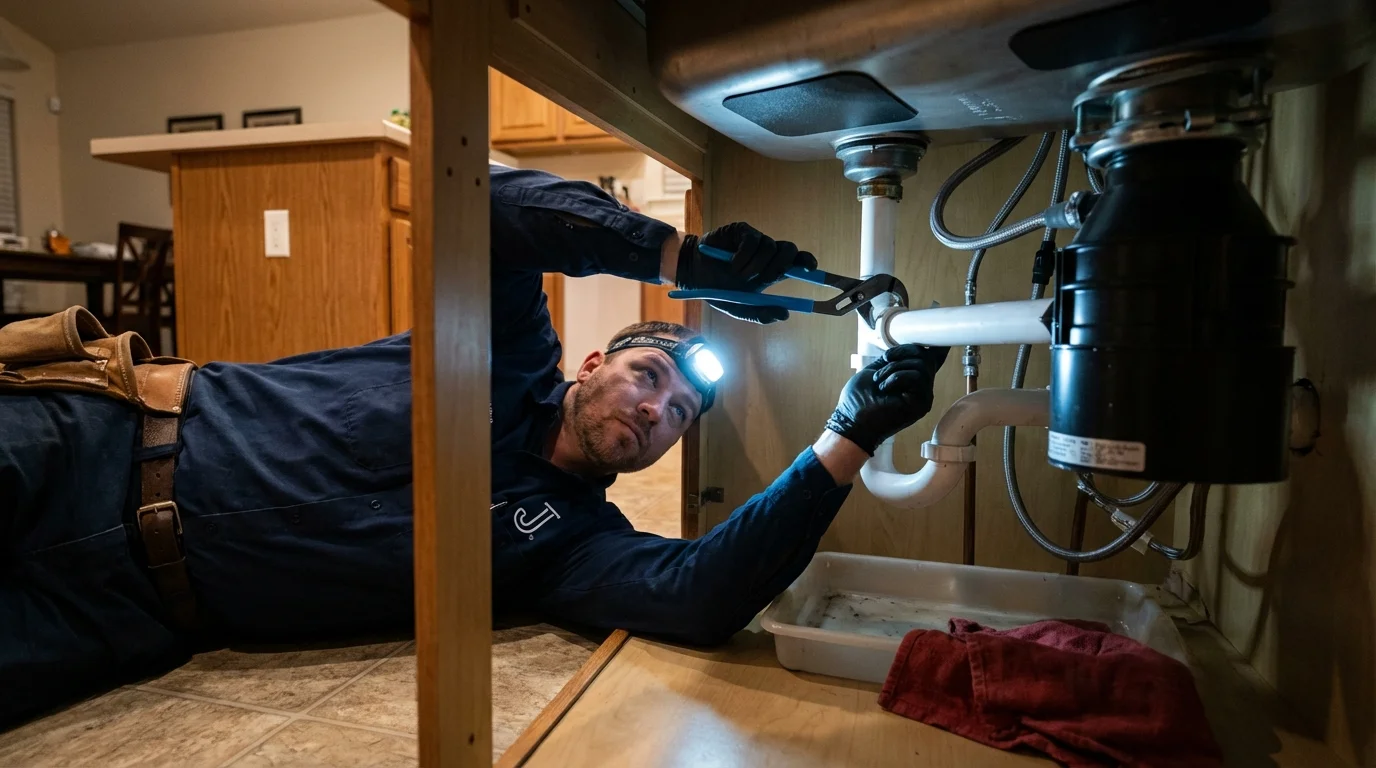 P-trap and supply line connections under a kitchen sink showing a common leak point in Cripple Creek, CO